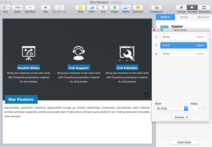 Keynote animations in the Build Order panel
